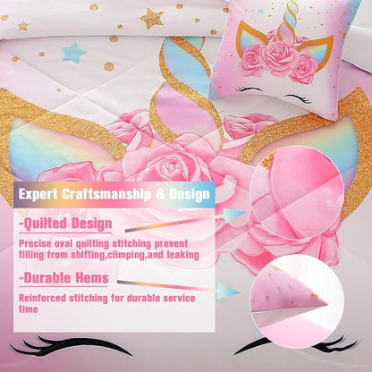 JQinHome Unicorn Full Bedding Sets for Girls Kids,6 Piece Bed in A Bag 3D Colorful Flower Girl Unicorn Comforter Set (1 Comforter,2 Pillowcases,1 Flat Sheet,1 Fitted Sheet,1 Cushion Cover)