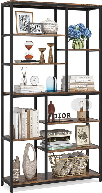 Modern 8-Tier Staggered Bookcase - 79 Inches Tall, Wide Wood Etagere Shelving Unit