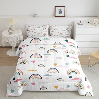 Erosebridal Kids Rainbow Bedding Set, Girly Love Heart Comforter Set Twin Size Cartoon Rainbow Cloud Duvet Sets for Girls Boys Women Bedroom Decor, Soft Microfiber Down Comforter 2 Pieces,Colorful