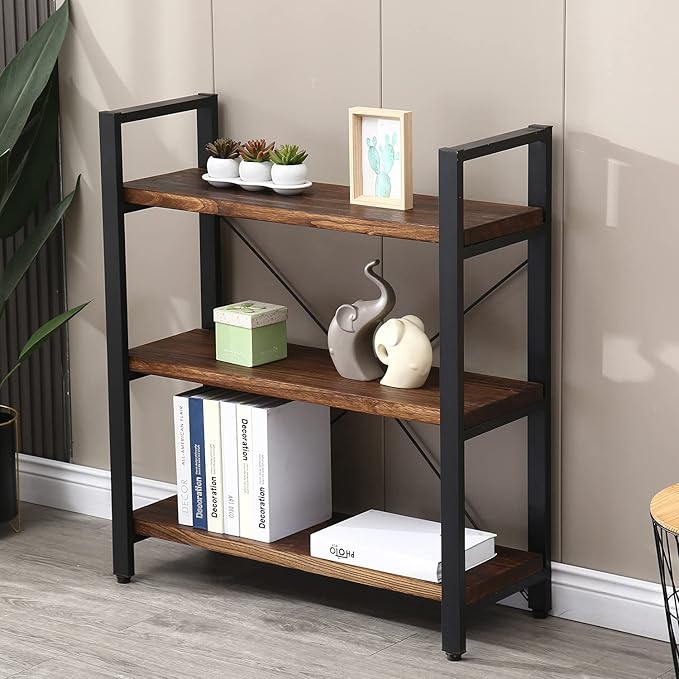 3 Tier Bookcase, Solid Wood Bookshelf Rustic Vintage Industrial Etagere Bookcase, Metal and Wood Free Vintage Bookshelf, Retro Brown (Real Wood) (3-Tier)