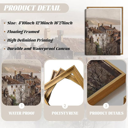 Floating Framed Vintage Canvas Wall Art, European Country Towns Wall Decor Oil Paintings Artwork, Rustic Farmhouse Posters Prints Pictures for Living Room Hallway Bedroom 12x16 inch