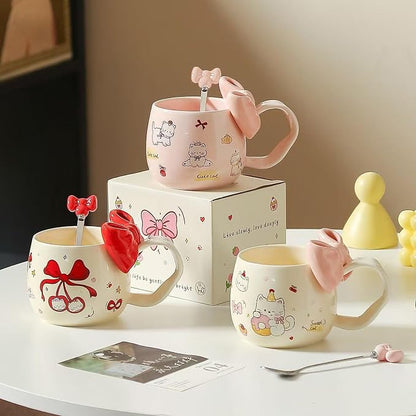 DTIUYIOP-Kawaii Red Bow Cherry Cat Ceramic Coffee Mug with 3D Red Bow and Bow Spoon, Large Curved Handle Cute Kitty Tea Cup, Coquette Aesthetic Gift for Women Girls Birthday Valentine’s Day Christmas