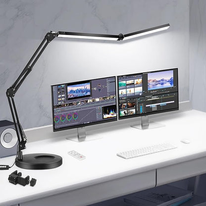 LED Desk Lamps for Home Office 2 in 1 Large Double Head Desk Lamp with Clamp & Base, Remote Control, Dimmable Architect Clip on Desktop Light Bar with Memory for Working, Crafting, Studying