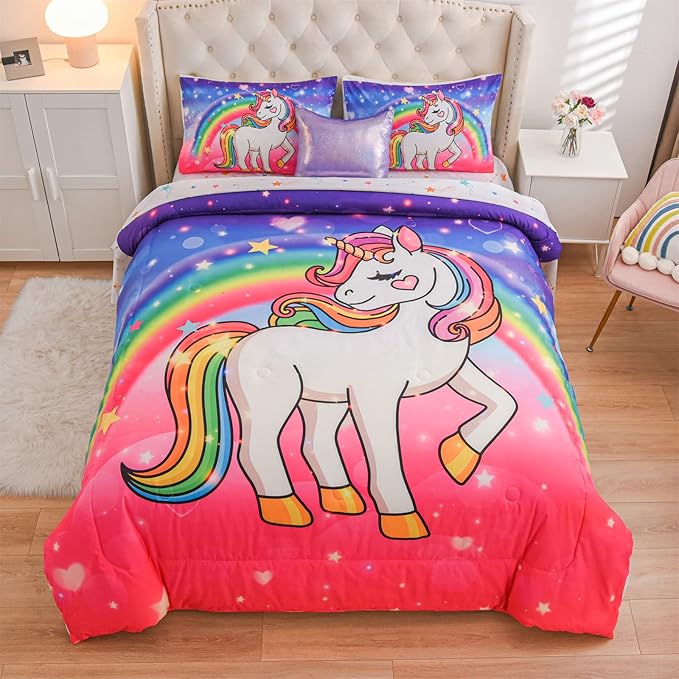 Aimuan Girls Unicorn Comforter Set 6 Pieces Pink Purple Bedding Set with Rainbow Star Galaxy Stars Fantasy Children Room Decor Soft Reversible Bed Sets for Boys/Girls/Teens (Pink-purple Twin6Pcs)