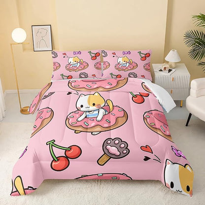 Kawaii Cat Comforter King Size,Doughnut Cherry Cat Comforter Set for Kids Teens Girls,3Pcs Bedding Set Printed Comforter with 2 Pillowcases,Soft and Lightweight(Pink，King Size)