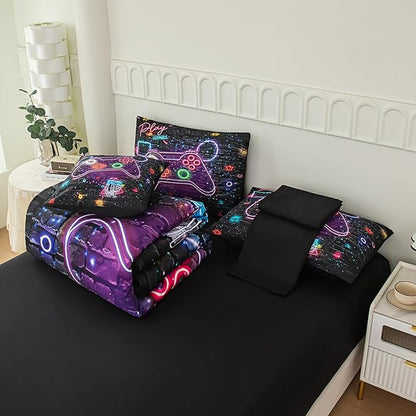 NINENINE Gaming Bedding Sets for Boys,6PCS Twin Bedding Sets for Boys,Gamer Comforter Sets for Kids Bedding Comforter Sheet Set(1Comforter,1Flat Sheet,1Fitted Sheet,1Cushion Cover,2Pillowcases)