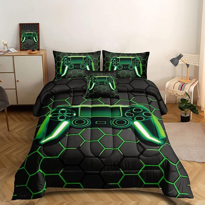 6 Pieces Gaming Bedding Set for Boys Gamer Comforter Set Full Size,Video Game Comforter for Kids Adult 3D Gaming Geometric Microfiber Bedding Sets 6 Pieces Bed in A Bag Sets H50021,Full
