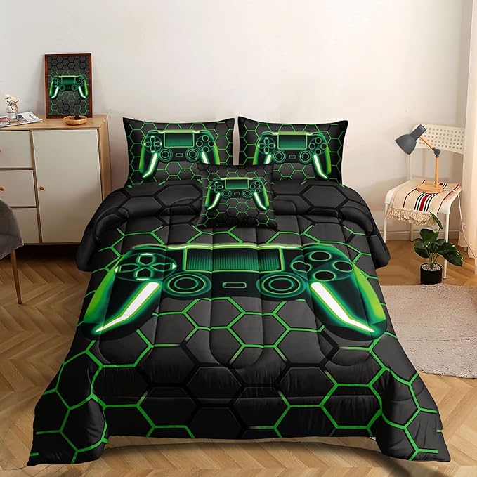 5 Pieces Gaming Bedding Set for Boys Gamer Comforter Set Twin Size,Video Game Comforter for Kids Teen 3D Gaming Geometric Microfiber Bedding Sets 5 Pieces Bed in A Bag Sets H50021,Twin