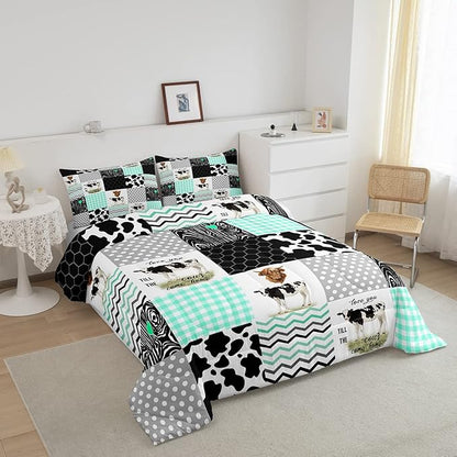 Cute Cow Print Comforter Set King Size Kawaii Highland Cow Bedding Set Bedroom Decor Honeycomb Plaid Pattern Geometric Stripes Down Comforter Cartoon Farm Animals Duvet Set, Green Black Grey