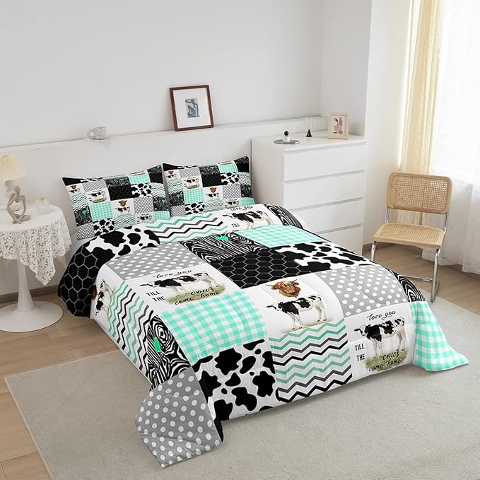 Erosebridal Cute Cow Print Comforter Set Queen Size Kawaii Highland Cow Bedding Set Bedroom Decor Honeycomb Plaid Pattern Geometric Stripes Down Comforter Farm Animals Duvet Set, Green Black Grey