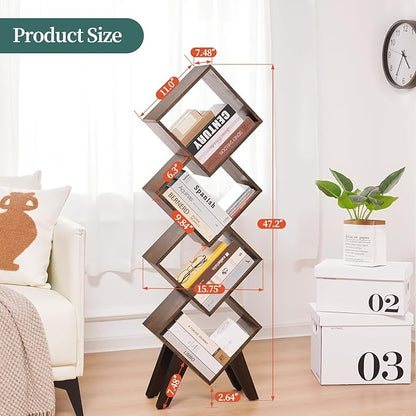 Yoobure Small Bookshelf, Tall 4-Tier Book Shelf, Wood Bookcase Book Organizer, Industrial Bookshelves Floor Standing for CDs/Books in Small Spaces, Bedroom, Living Room, Home Office