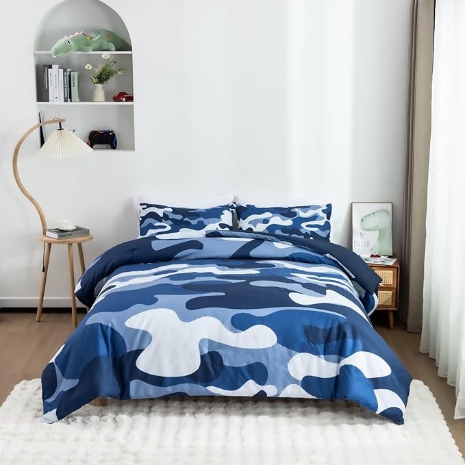 Meeting Story Camouflage Bedding Set, Colorful Pattern Style Comforter Set, 5 PCS One Comforter Two Pillowcases Two Sheets in One Bag, All Season Bedspread for Teens Adults (Navy,Queen 5Pcs)