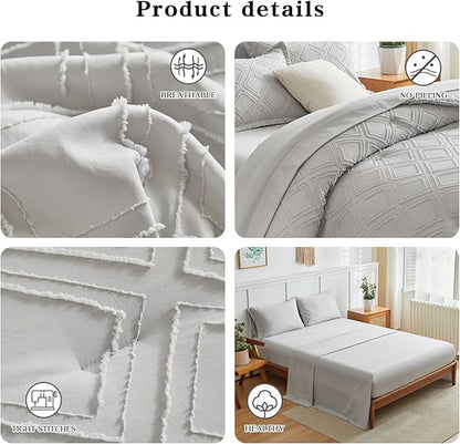 7 Pieces Tufted Bed in a Bag King Comforter Set with Sheets Light Grey, Soft and Embroidery Shabby Chic Boho Bohemian, Solid Color with Diamond Pattern, Jacquard Tufts Bedding Set for All Season