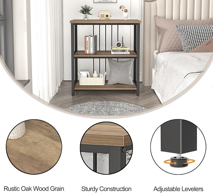 FOLUBAN Small Bookshelf and Bookcase, 3 Tier Open Book Shelf, Modern Metal and Wood Shelving Unit for Living Room Bedroom, Oak