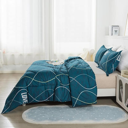 Blue Green Comforter Set Twin Size, 2 Pieces Modern Lines Pattern with Love, Soft Microfiber Bedding Comforter Set, Down Alternative Comforters for All Season (68 * 90’’)