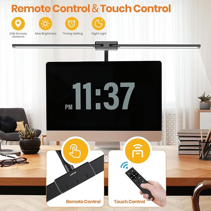 LASTAR LED Desk Lamp with Remote Control ＆ 32.5" Wide Double Head, Architect Desk Lamp for Home Office with Clamp, Timer, 24W Ultra Bright Gooseneck Desk lamp for Computer Reading, Black