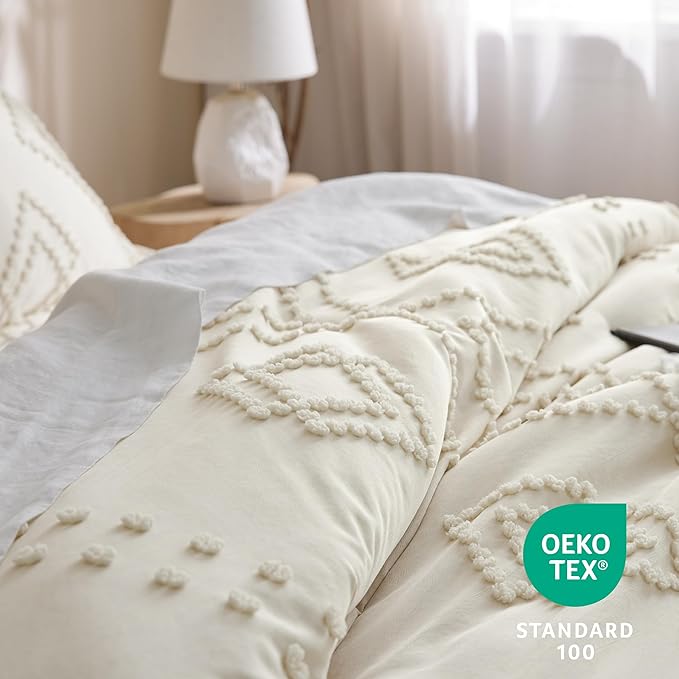 Bedsure Boho Comforter Set Queen - Terracotta Tufted Bedding Comforter Set, 3 Pieces Farmhouse Shabby Chic Embroidery Bedding Set, Soft Geometric Pattern Comforter for All Seasons