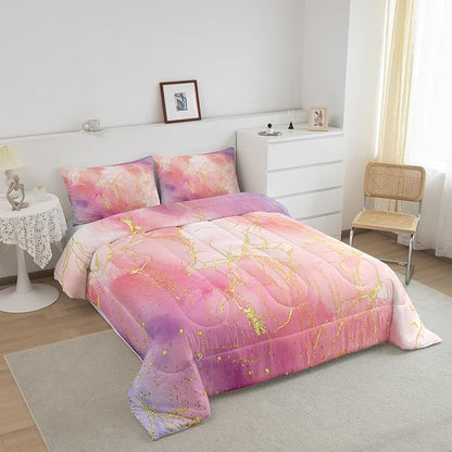 Pink Tie Dye Comforter Set, Marble Art Bedding for Boys Girls Teens Women, Glitter Marbling Printed Bedding Comforter Sets Pastel Aesthetic Duvet Insert Marble Bedroom Decor with 2 Pillowcases, Queen