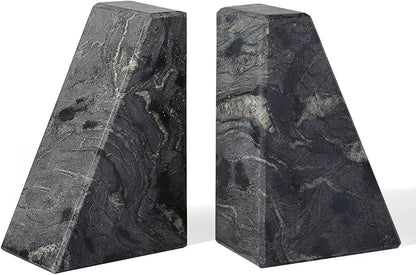 Marble Bookends for Heavy Books, Decorative Book Ends for Shelves, Titanium Black Stone Durable and Heavy-Duty Book Ends for Hardback Books & CDS, Unique Book Stopper & Holder, Set of 2