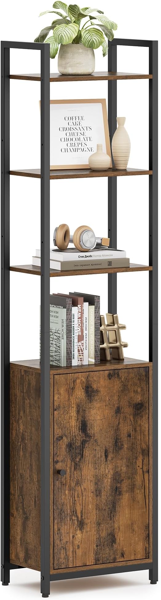 VASAGLE 6-Tier Bookshelf, Tall Bookcase with Door, Steel Frame, Adjustable Shelves, 9.4 x 15.7 x 62.8 Inches, Living Room Bedroom, Rustic Brown and Ink Black ULLS132K01