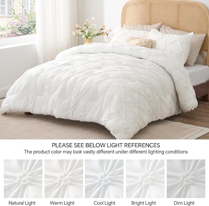 BEDELITE White King Size Comforter Set - 3 Pieces Boho Pintuck Bedding Comforter Sets, Lightweight Soft & Warm King Bedding Set with 2 Pillowcases for All Season