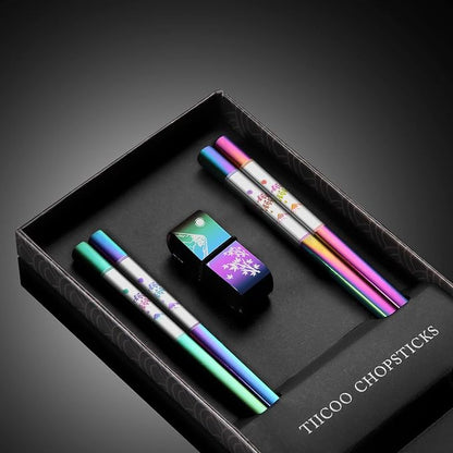 Metal Chopsticks Reusable 2 Pairs Titanium Plated 18/8 Stainless Steel Chopsticks with Holder, Dishwasher Safe Non-Slip Japanese Style Laser Engraved Chop Sticks Gift Set (Rainbow)