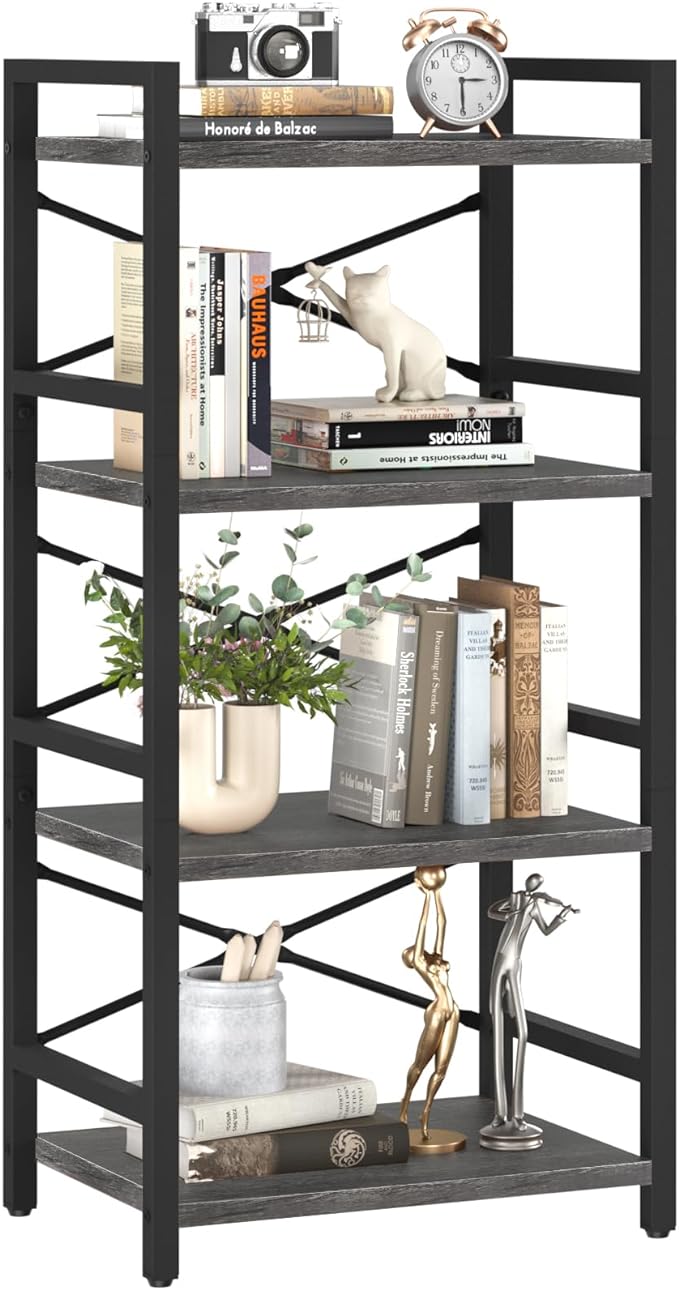 Yoobure 4 Tier Bookshelf - Small Book Shelf Industrial Bookcase, Narrow Book Case Book Storage Organizer for CD/Movie/Book, Bookshelves for Bedroom Office Living Room Charcoal Gray