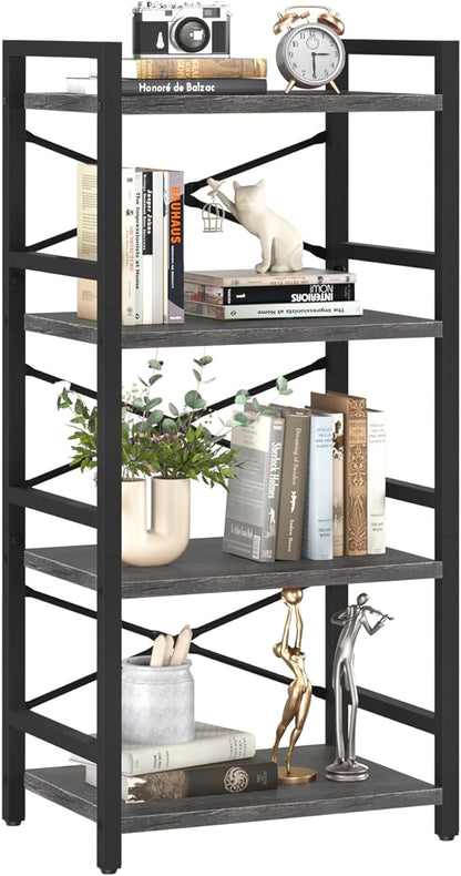 Yoobure 4 Tier Bookshelf - Small Book Shelf Industrial Bookcase, Narrow Book Case Book Storage Organizer for CD/Movie/Book, Bookshelves for Bedroom Office Living Room Charcoal Gray