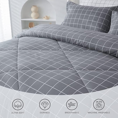 Andency Grey Grid Comforter Set Queen Size (90x90 inch), 3 Pieces (1 Grey Comforter and 2 Pillowcases), Summer Lightweight Microfiber Down Alternative Bedding Comforter Sets with White Lines