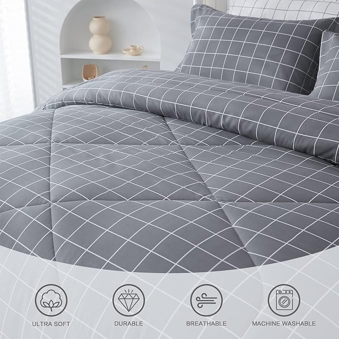 Andency Grey Grid Comforter Set Full Size (79x90 inch), 3 Pieces (1 Grey Comforter and 2 Pillowcases), Summer Lightweight Microfiber Down Alternative Bedding Comforter Sets with White Lines