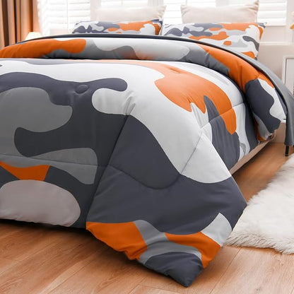 Meeting Story Kids Camo Bedding Set, Army Camouflage Bedding Twin Comforter Set for Boys Girls Teens Bedroom Decoration (Orange, Twin 5Pcs)