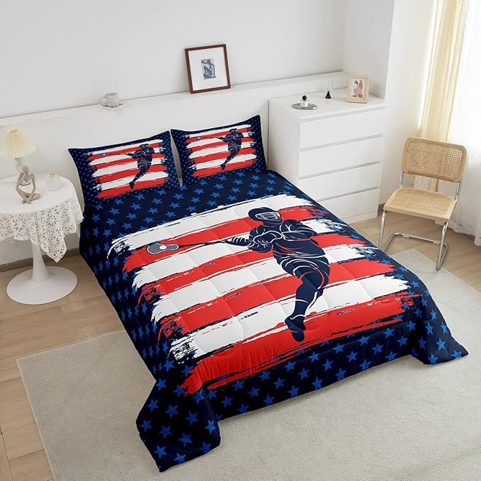 Feelyou Lacrosse Comforter Set King Size Boys Gilrs American Flag Sports Bedding Set for Kids Adults Soft Lacrosse Player Games Comforter Navy Blue Duvet Set Room Decor Quilt Boys