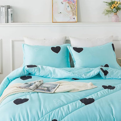 Love Pattern Girls Comforter Set Full Size, Sky Blue Cute Love Heart Print Comforter Bedding Set for All Seasons, Geometric Soft Microfiber 3 Pieces Comforter Set with Pillowcases