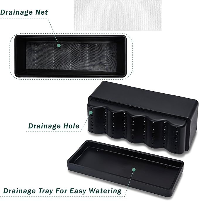 D'vine Dev 12 Inch Window Box Planter, Rectangle Plastic Herb Planter with Drainage Holes and Saucer, Indoor Succulent Cactus Vegetable Pot for Windowsill, Garden Balcony, Black, Set of 1, 76-X-B-1