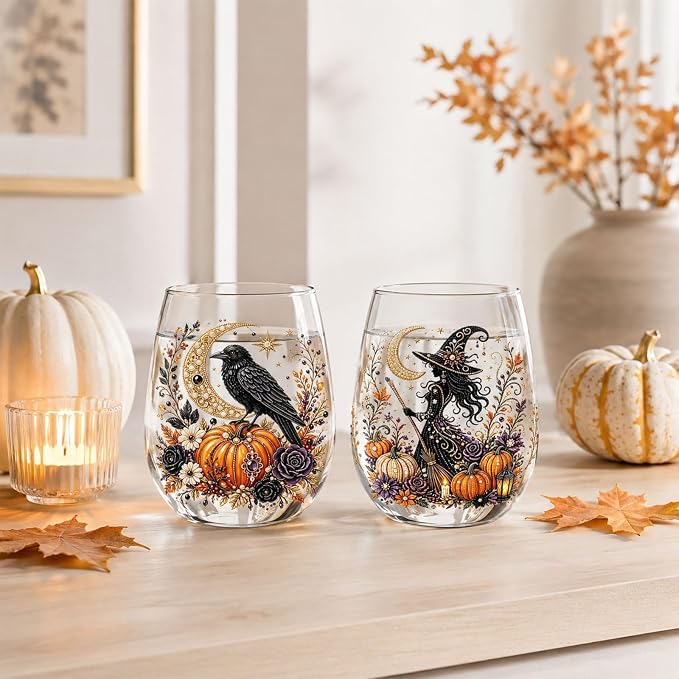 3D Halloween Autumn Glass Art Cup,Stemless Holiday Glassware Collection | Fantasy Fall Witch Wine Glasses,Holiday Printed Table Ornaments,Magical Halloween Home Decor Gifts for Various Beverages