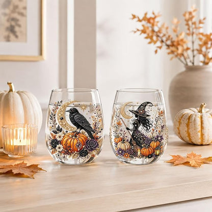 3D Halloween Autumn Glass Art Cup,Stemless Holiday Glassware Collection | Fantasy Fall Witch Wine Glasses,Holiday Printed Table Ornaments,Magical Halloween Home Decor Gifts for Various Beverages