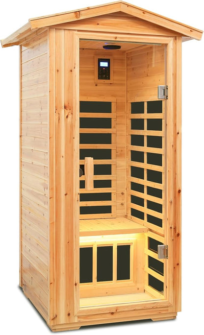 Luxury Outdoor Sauna, 1 Person Old Fir Wood Low EMF Far Infrared Sauna 1560W, Home Sauna with LCD Control Panel, Chromotherapy Light, Reading Light, Bluetooth Speaker
