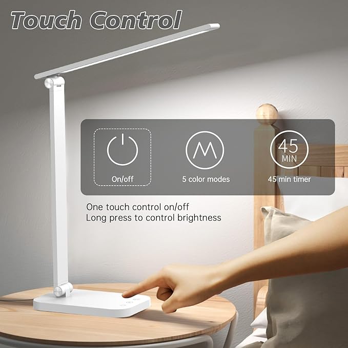 Bright Led Desk Lamp for College Dorm - Foldable Study Desk Light for Home Office, Modern Dorm Study Desk Lamps, 5 Light Mode Dimmable Brightness Eye-Caring Craft Task Lamp Desktop Lamp for Reading