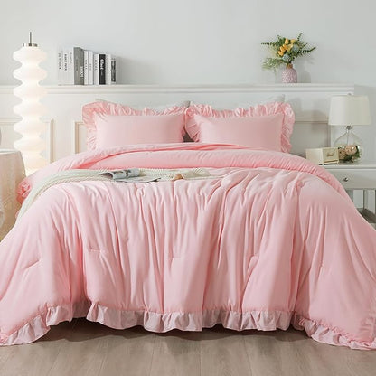 Andency Pink Comforter Set Queen Size, 3 Pieces Solid Pink Ruffle Shabby Chic Comforter Set for Queen Bed, All Season Vintage Rustic Soft Microfiber Bedding Set for Women Girls
