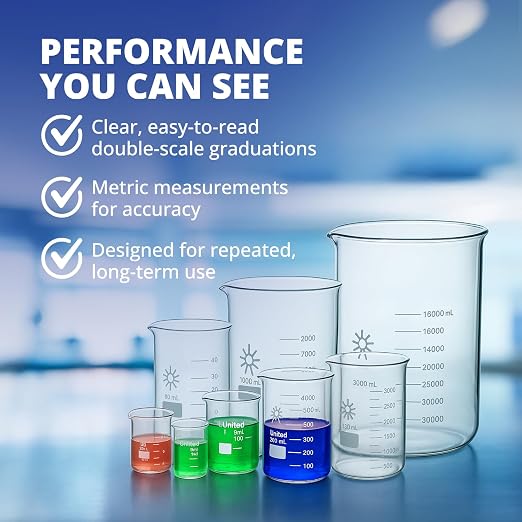 United Scientific™ Borosilicate Glass Beaker, 1000ml, Autoclavable, 1 Each | Chemistry Glassware, Low Form Griffin Design, Molded Pour Spout, ASTM-E960 Compliant, Double Scale Graduated