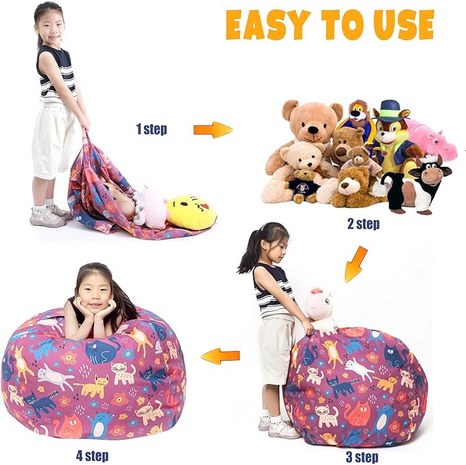 Stuffed Animal Storage Bean Bag Chair Cover, Hold Kids Plush Toys Blankets Towels Beanbag (Cover Only), Canvas Floor Circle Stuff Sit Seat Sofa with YKK Zipper, Large 32", Cat