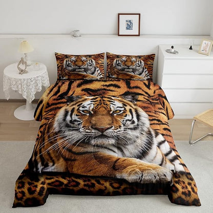 Manfei Tiger 3D Print Comforter Set Queen Size Wild Animals Bedding Set 3pcs for Kids Teens Room Decor,Animal Fur Quilt Set Soft Breathable Duvet Insert with 2 Pillowcases