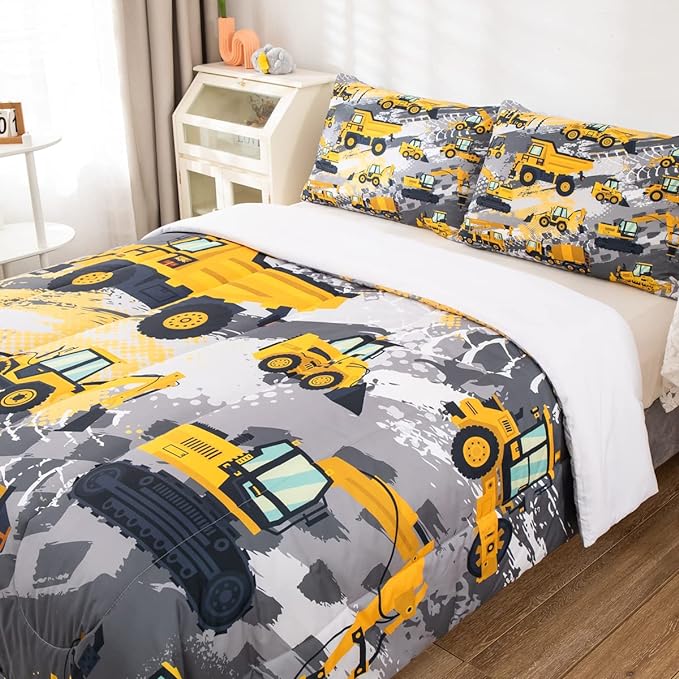 Feelyou Boys Construction Bedding Set Full Size Comforter for Boys Kids Tractor Comforter Set Toddler Construction Decorations Car Bed for Boys Cartoon Excavator Trucks Quilt Set with 2 Pillow Cases