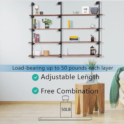 Pynsseu Industrial Wall Mounted Iron Pipe Shelf, Rustic DIY Open Bookshelf, Farmshouse Pipe Shelves for Kitchen Bathroom, 3 Pack