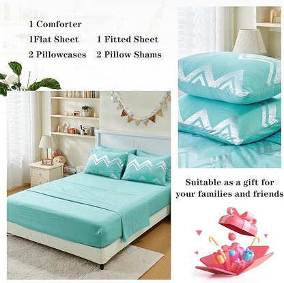 Wowelife Teal Comforter Set Queen7 Pieces Blue Glitter Metallic Bedding Set Full Teal Kids Comforter Set Breathable with Comforter, Flat Sheet, Fitted Sheet, 2 Pillow Shams and 2 Pillowcases
