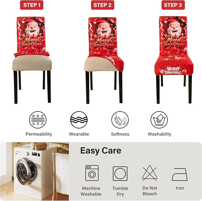 6PCS Christmas Dining Chair Covers Stretch Removable Washable Dining Room Chair Protector Slipcover 3D Print Santa Claus Deer Kitchen Chair Cover Slipcovers Protector for Xmas Holiday Party Home Décor