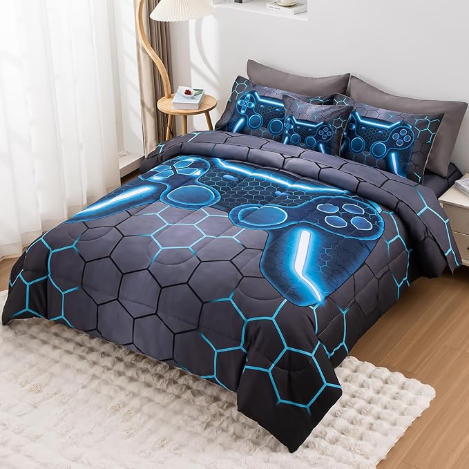 8Pcs Game Console Comforter Set with Sheets for Boys Girls Kids Teens, Geometric Gaming Themed Bed in A Bag Full Size, Blue 3D Video Gamer Controller Bedroom Decor Bedding Set-Blue
