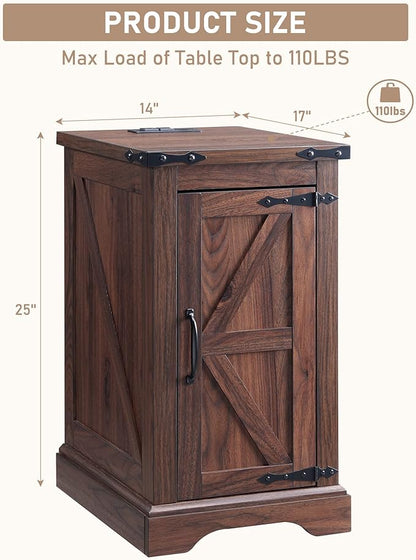 JXQTLINGMU Nightstand with Charging Station, Rectangular Farmhouse End Table with Barn Door and Adjustable Storage Shelf, 17" Deep Wood Rustic Sofa Side Table for Living Room, Bedroom, Brown