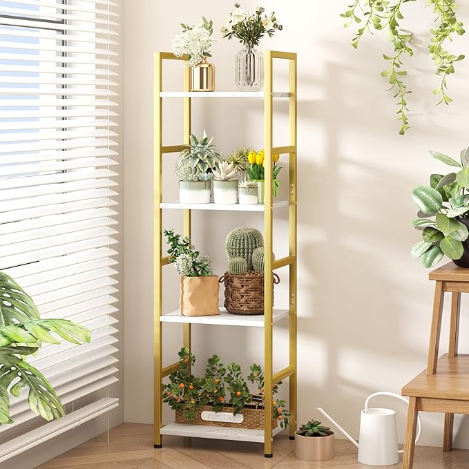 4 Tier Bookshelf, Small Book Shelf Industrial Bookcase, Metal Narrow Book Case Book Storage Organizer,Bookshelves for Bedroom Office Living Room(4 Tier,Gold)