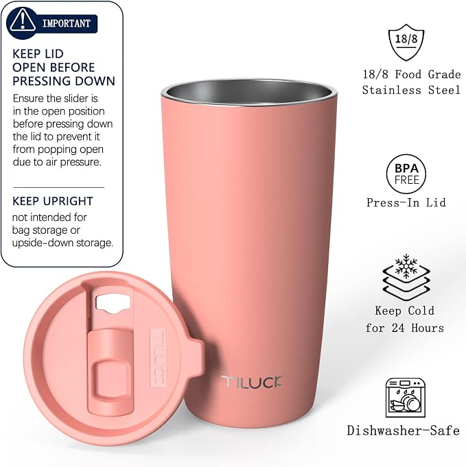 TILUCK 20 oz Insulated Coffee Tumbler with BPA-Free Lid | Travel Coffee Mug, Dishwasher Safe, Cup Holder Friendly, Double-Wall Vacuum Insulation for Hot & Cold Drinks, MatteCoralRed